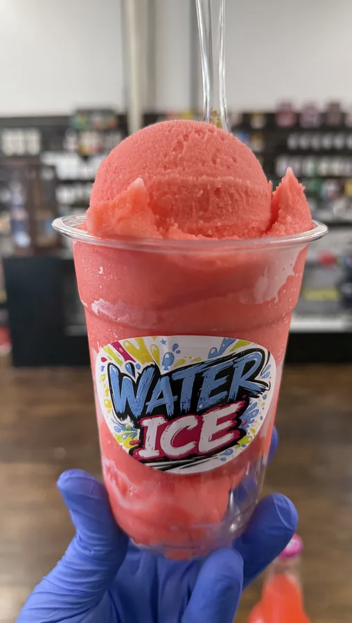 A cup of fresh red water ice with the Water Ice logo