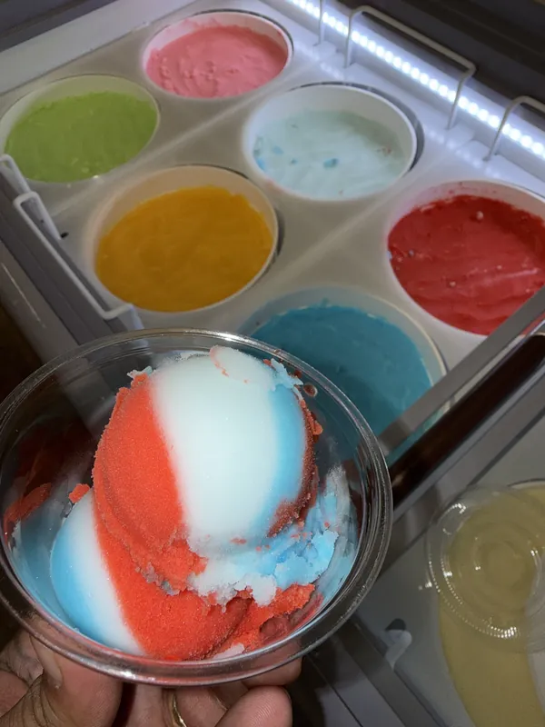 Red, white and blue water ice